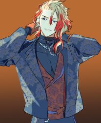  1boy 4601yuz alternate_costume alternate_hairstyle arms_behind_head axel_syrios black_shirt blonde_hair blue_eyes brown_background brown_vest chain chain_necklace collar compression_shirt damask gloves gradient_background grey_jacket grey_suit hair_down highres holostars holostars_english jacket jewelry long_sleeves male_focus medium_hair multicolored_hair necklace orange_gloves red_hair red_streaks shirt solo streaked_hair suit undershirt upper_body vest virtual_youtuber 