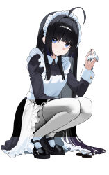  1girl ahoge apron black_dress black_hair black_shoes blue_eyes blush broken_cup character_request check_character check_copyright collared_dress copyright_request cup dress frilled_apron frills full_body highres holding holding_cup long_hair long_sleeves looking_at_viewer maid maid_headdress mang_nae_(vtuber) michelan partially_colored project_[i] shoes small_sweatdrop solo squatting thigh-highs virtual_youtuber white_apron white_thighhighs white_wrist_cuffs wrist_cuffs 