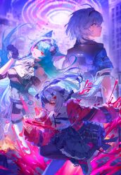  3girls absurdres animal_ear_fluff animal_ears aqua_hair black_gloves black_hair black_pantyhose black_skirt breasts cat_ears cat_girl clothing_cutout colored_eyelashes esper_zero_(neverness_to_everness) gloves grey_hair high-waist_skirt highres jacket lacrimosa_(neverness_to_everness) large_breasts long_hair mint_(neverness_to_everness) multicolored_hair multiple_girls neverness_to_everness open_mouth pantyhose pink_eyes profile quasarcake red_eyes red_jacket short_hair skirt split-color_hair streaked_hair thigh-highs tiered_skirt two-tone_hair under_boob underboob_cutout white_hair white_thighhighs 
