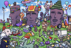  1girl 6+others aircraft arctic_fox asacoco balloon baobab basalt_column bing_huyue bird blue_sky brat_(hakos_baelz) camera cherry_blossoms chile christ_the_redeemer commentary cowboy_hat crab dagger dog dragon duck easter_island egg emperor_penguin english_commentary fake_beard fake_facial_hair fishing_rod flag foliage food footprints gem gem_hair_ornament glowstick hameru-type_asacoco hand_jewel hard_hat hat headphones helmet highres hololive hololive_english hot_air_balloon hug jailbird_(nerissa_ravencroft) kaela_kovalskia kiryu_coco kiryu_coco_(dragon) knife koseki_bijou koseki_bijou_(1st_costume) loch_ness_monster merfolk merlion mermaid minecraft moai monster_girl monument moose mr._squeaks_(hakos_baelz) multiple_others nazca_lines nose pebble_(koseki_bijou) penguin photo_(object) pizza pizza_slice polearm purple_gem purple_scarf purple_shoes santa_hat scarf sheep sheep_(minecraft) shoes simple_bird skull sky slender_man slingshot_(weapon) south-east_asian_clothes stalactite sun_hat sunglasses swim_ring tears tentacles terracotta_army torch trident turtle virtual_youtuber water_tank weapon wheel wilson_(cast_away) 