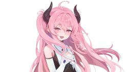  1girl :d absurdres ahoge bare_shoulders black_horns blush commentary_request detached_sleeves enokinoko1010 fang hair_between_eyes half-closed_eyes hands_on_own_chest hands_up highres horns indie_virtual_youtuber long_hair open_mouth pink_eyes pink_hair sidelocks simple_background skin_fang smile solo upper_body virtual_youtuber white_background white_sleeves 