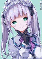  >:) 1girl black_bow black_gloves blunt_bangs blush bow bowtie breasts closed_mouth commentary_request dutch_angle gloves green_background green_eyes grey_hair hair_bow hairband hand_up heaven_burns_red highres jacket lolita_fashion lolita_hairband long_hair long_sleeves looking_at_viewer medium_breasts outline puddinghomhom purple_bow purple_bowtie sidelocks simple_background smile smug solo straight_hair striped_bow striped_bowtie striped_clothes sugawara_chie twintails upper_body v v-shaped_eyebrows v_over_mouth white_jacket white_outline 