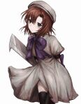  1girl arms_behind_back blue_eyes bow brown_hair cowboy_shot dress frown highres holding holding_weapon large_bow medium_hair non-web_source purple_bow simple_background solo tagme weapon white_background white_dress 