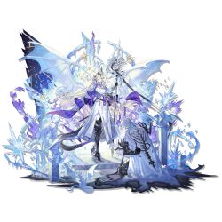  1girl 1other absurdres ambience_synesthesia arknights arm_behind_back armor armored_boots belt black_belt black_boots black_gloves black_ribbon black_tail blonde_hair boots bracer burnt_clothes cape capelet cleavage_cutout clothing_cutout constellation constellation_print crescent cuisses dragon dragon_girl dragon_horns dragon_tail dress earrings falling_petals fire flower full_body gauntlets gloves gold_trim gradient_hair greaves green_eyes hair_over_one_eye high_heel_boots high_heels highres holding holding_staff holding_sword holding_weapon hood hooded_cape horns jewelry kneeling knighting long_hair looking_at_viewer multicolored_hair necrass_(arknights) necrass_(as_clear_as_crystal)_(arknights) official_alternate_costume official_art open_mouth pants petals poleyn puffy_sleeves purple_cape purple_fire purple_hair ribbon sheath smile spine spread_wings staff standing star_(symbol) starshadowmagician sword tachi-e tail teeth third-party_source transparent_background two-tone_capelet two-tone_hair unsheathed vambraces very_long_hair weapon white_cape white_capelet white_dress white_flower white_horns white_pants 