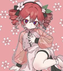  1girl ahoge double-parted_bangs drill_hair floral_background floral_print flower_hairband hair_between_eyes hand_on_own_chest highres jacket kasane_teto ktnazm0702 leg_up looking_at_viewer midriff_peek pink_anklet pink_background pink_jacket pink_shoes pink_skirt red_eyes red_hair see-through_clothes see-through_sleeves sheer_sleeves shoes side_slit sidelocks skirt solo thigh_strap twin_drills utau 