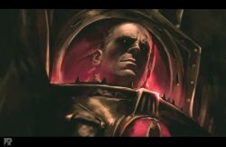 1boy armor artist_logo artist_name bald black_armor black_border border breastplate chaos_(warhammer) commentary english_commentary eyes_of_horus_(warhammer_40k) full_armor glowing glowing_eyes gorget horus_lupercal imperium_of_man logo ornate_armor pauldrons pelt power_armor primarch red_eyes red_theme richard_bagnall shoulder_armor slit_pupils spiked_armor spikes terminator_armor warhammer_40k wolf_pelt 