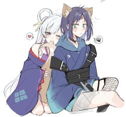  2girls animal_ear_fluff animal_ears blue_hoodie blush cho_kaguya-hime! closed_mouth commentary_request fishnet_thighhighs fishnets flying_sweatdrops forehead_jewel fox_ears fox_girl fox_tail green_eyes hair_rings heart highres hood hoodie japanese_clothes kimono long_hair multiple_girls mutsu_6256 off_shoulder one_eye_closed open_mouth pink_eyes purple_kimono purple_nails runami_yachiyo sakayori_iroha simple_background single_thighhigh smile spoken_heart spoken_squiggle squiggle tail thigh-highs twintails white_background white_hair yuri 