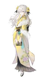  1girl blonde_hair blunt_bangs commentary floral_print floral_print_kimono flower frilled_kimono frills furisode grey_eyes grey_hair hair_flower hair_ornament hair_over_one_eye highres isekaijoucho japanese_clothes kamitsubaki_studio kimono layered_kimono long_hair looking_at_viewer obi okobo platform_sandals print_kimono qsy_livressen7 rose sandals sash sidelocks tabi untranslatable_commentary wide_sleeves yellow_kimono 