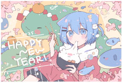  1girl 2025 animal_ears blue_eyes blue_hair border cat_ears cat_girl cat_hair_ornament chinese_zodiac chopsticks closed_mouth commentary_request cowboy_shot double-parted_bangs fish food fruit hair_between_eyes hair_ornament happy_new_year highres hinase01 holding holding_chopsticks japanese_clothes kimono long_sleeves mandarin_orange mochi mochi_trail new_year red_kimono short_hair snake solo white_border wide_sleeves year_of_the_snake yellow_background 