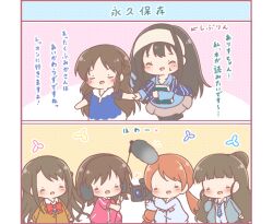 6+girls :d ^_^ arrow_(symbol) black_hair black_pantyhose blazer blue_dress blue_necktie blue_shirt blush blush_stickers boom_microphone braid brown_hair brown_hairband brown_jacket brown_skirt camcorder cardigan chibi closed_eyes collared_shirt commentary_request cosplay diagonal-striped_clothes diagonal-striped_necktie dress dress_shirt drill_hair grey_cardigan grey_jacket hair_bun hairband headphones highres hojo_karen holding holding_hands honda_mio hood hood_down hooded_jacket idolmaster idolmaster_cinderella_girls jacket kamiya_nao long_hair long_sleeves low_twintails mitarashi_neko multiple_girls necktie orange_hair pantyhose pink_jacket pleated_skirt puffy_long_sleeves puffy_sleeves sagisawa_fumika sagisawa_fumika_(cosplay) shibuya_rin shimamura_uzuki shirt skirt small_sweatdrop smile striped_clothes sweat tachibana_arisu translation_request twin_drills twintails v-shaped_eyebrows very_long_hair video_camera white_shirt 
