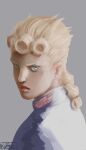  1boy blonde_hair blue_eyes braid commentary earrings english_commentary from_side giorno_giovanna highres jewelry jojo_no_kimyou_na_bouken koffo-art looking_at_viewer male_focus portrait serious signature single_braid solo stud_earrings vento_aureo 
