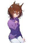 1girl absurdres agnes_tachyon_(umamusume) ahoge alternate_costume brown_hair earrings empty_eyes from_above highres horse_girl invisible_chair jewelry long_sleeves looking_at_viewer making-of_available messy_hair pants purple_sweater red_eyes short_hair simple_background single_earring sitting smile solo sweater umamusume watou white_background white_pants