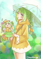  1girl absurdres boots bow braid chibi clover commentary_request flower flower_in_eye four-leaf_clover frog frog_hat_ornament frog_on_head green_eyes green_hair hair_bow hair_ornament hairclip hat highres holding holding_clover long_hair long_sleeves on_animal oonokun open_mouth parallel_hairclips raincoat rubber_boots smile symbol_in_eye trickcal ui_(trickcal) yellow_boots yellow_raincoat 