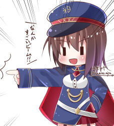  1girl :d aoi_erika aoi_erika_(battle_cry_of_the_soul) black_cape blue_hat blue_jacket blush brown_hair cape chibi chibi_only commentary_request cowboy_shot emphasis_lines garter_straps hair_between_eyes hand_on_own_hip hat heaven_burns_red index_finger_raised jacket kamino_miya medium_hair military_hat military_uniform miniskirt official_alternate_costume open_mouth peaked_cap pleated_skirt pointing pointing_forward red_cape red_skirt simple_background skirt sleeves_past_wrists smile solo translation_request twitter_username two-sided_cape two-sided_fabric white_background |_| 