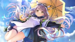  >:) 1girl anemoi backlighting black_jacket blue_dress blue_sky blush breasts brown_hair closed_mouth clouds day dress dutch_angle eyelashes fingernails floating_hair foot_out_of_frame from_below fusaba_aino game_asset goggles goggles_on_head hair_between_eyes highres holding holding_umbrella jacket kimishima_ao knees_together_feet_apart long_hair long_sleeves looking_at_viewer non-web_source official_art open_clothes open_jacket outdoors outstretched_arm outstretched_hand self-datamine short_dress sidelocks sky small_breasts smile smug solo sunlight thighs two-tone_dress umbrella under_umbrella upskirt v-shaped_eyebrows variant_set very_long_hair white_dress yellow_umbrella zipper 