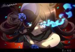  1girl animal_ears bare_shoulders blue_flower blue_hat blue_rose brown_hair closed_mouth collarbone commentary_request dress eye_trail flipped_hair flower fur_choker glowing glowing_eyes hair_over_one_eye hat hat_flower horse_ears horse_girl letterboxed light_trail long_hair long_sleeves looking_at_viewer nk-43g off-shoulder_dress off_shoulder rice_shower_(rosy_dreams)_(umamusume) rice_shower_(umamusume) rose solo tilted_headwear umamusume violet_eyes 
