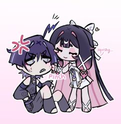  1boy 1girl absurdres ahoge anger_vein arm_at_side arm_ribbon belt black_belt black_bodysuit black_bow black_bridal_gauntlets black_hair black_shorts blunt_ends blush_stickers bodysuit bow bridal_gauntlets center-flap_bangs cheek_pinching choker choppy_bangs clenched_teeth closed_eyes closed_mouth colored_inner_hair columbina_(genshin_impact) commentary constricted_pupils crescent crescent_hair_ornament dress english_commentary eyelashes eyeliner eyeshadow facing_another genshin_impact gold_trim hair_ornament hair_ribbon hand_up heart highres lacycoffinn leg_ribbon long_hair looking_at_another makeup multicolored_hair notice_lines outline pinching pink_background pink_eyeshadow pink_hair purple_hair purple_rope purple_sash red_eyeliner ribbon rope sash scaramouche_(genshin_impact) short_dress shorts sitting smile sound_effects teeth toeless_legwear tress_ribbon turtleneck turtleneck_bodysuit very_long_hair violet_eyes wanderer_(genshin_impact) white_choker white_dress white_outline white_ribbon white_wings wing_hair_ornament wings 