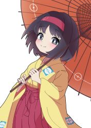  1girl absurdres black_hair blush bright_pupils closed_mouth commentary_request erika_(pokemon) eyelashes grey_eyes hairband hakama happy highres holding holding_umbrella japanese_clothes jburtenmm26 kimono looking_at_viewer medium_hair oil-paper_umbrella pokemon pokemon_firered_and_leafgreen red_hairband red_hakama smile solo split_mouth transparent_background umbrella white_pupils yellow_kimono 