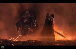  2boys armor armored_boots artist_logo artist_name bald battle black_armor black_border black_hair boots border breastplate cape chaos_(warhammer) clawed_gauntlets commentary embers emperor's_sword_(warhammer) emperor_of_mankind energy english_commentary eyes_of_horus_(warhammer_40k) father_and_child father_and_son fire full_armor full_body gauntlets glowing gold_armor gold_trim gorget greaves helm helmet holding holding_mace holding_sword holding_weapon horus_lupercal imperial_aquila imperium_of_man lightning logo long_hair mace multiple_boys ornate_armor parent_and_child pauldrons pelt plume power_armor primarch red_cape red_eyes red_plume red_theme richard_bagnall shoulder_armor skull skull_ornament slit_pupils spiked_armor spiked_mace spikes standing sword terminator_armor warhammer_40k weapon wolf_pelt worldbreaker_(warhammer_40k) 