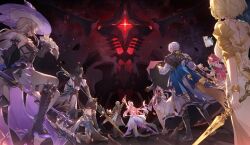  3boys 6+girls aglaea_(honkai:_star_rail) aqua_hair arm_up bare_shoulders black_gloves black_jacket blonde_hair blue_cape boots bow_(weapon) caelus_(honkai:_star_rail) cape chinese_commentary cipher_(honkai:_star_rail) commentary_request cyrene_(demiurge)_(honkai:_star_rail) cyrene_(honkai:_star_rail) dan_heng_(honkai:_star_rail) dan_heng_(permansor_terrae)_(honkai:_star_rail) dress evernight_(honkai:_star_rail) feiqiyibu from_behind gloves gradient_hair grey_hair herta_(honkai:_star_rail) high_heel_boots high_heels highres holding holding_bow_(weapon) holding_hands holding_weapon honkai:_star_rail honkai_(series) hyacine_(honkai:_star_rail) irontomb jacket little_ica_(honkai:_star_rail) long_hair march_7th_(honkai:_star_rail) multicolored_hair multiple_boys multiple_girls pants phainon_(honkai:_star_rail) pink_hair standing the_herta_(honkai:_star_rail) trailblazer_(honkai:_star_rail) weapon white_dress white_hair wrist_cuffs 