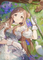  1girl acorn alternate_hair_length_(longer) bird bright_pupils brown_eyes brown_hair dot_nose dress flower flute frilled_dress frilled_sleeves frills from_above gloves grass green_ribbon grey_dress hair_bun hand_up highres holding holding_instrument idolmaster idolmaster_shiny_colors instrument leaf light_blush light_smile long_hair looking_at_viewer lying multicolored_dress on_back on_ground outdoors pigeon plant_roots puffy_sleeves ribbon sakuragi_mano single_side_bun solo squirrel straight_hair swept_bangs tareme very_long_hair white_dress white_gloves zhili_xingzou 