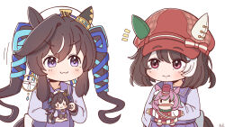  2girls :3 animal_ears beret blue_eyes blue_ribbon blush bow bowtie breasts brown_hair character_doll closed_mouth doll ear_covers ears_through_headwear hair_between_eyes hand_puppet hat highres holding holding_doll horse_ears horse_girl horse_tail long_hair marche_lorraine_(umamusume) mismatched_ear_covers mole mole_under_eye multicolored_hair multiple_girls pleated_skirt puppet purple_sailor_collar purple_serafuku purple_shirt purple_skirt rakugakiraid ribbon sailor_collar sailor_shirt school_uniform serafuku shirt short_hair single_ear_cover skirt smile streaked_hair tail tracen_school_uniform twintails umamusume violet_eyes vivlos_(umamusume) white_bow white_bowtie white_hat 