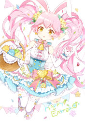  #compass 1girl :o animal_ears bare_shoulders basket bell blue_skirt blush bow bowtie character_request commentary_request croix_(croixtw) dot_nose easter easter_egg egg elbow_gloves frilled_skirt frills full_body gloves hands_up highres holding holding_basket long_hair looking_at_viewer neck_bell open_mouth pink_bow pink_bowtie pink_hair rabbit_ears rabbit_girl shirt simple_background skirt sleeveless sleeveless_shirt solo thigh-highs twintails white_background white_gloves white_shirt white_thighhighs yellow_eyes 