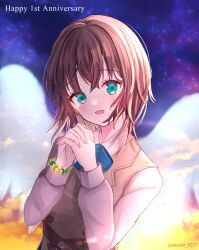  absurdres ameshi0227 angel_wings aoi_erika blue_eyes brown_hair commentary_request grey_vest heaven_burns_red highres looking_at_viewer open_mouth own_hands_clasped own_hands_together shirt short_hair transparent_wings upper_body vest white_shirt wings 