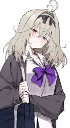  1girl absurdres antenna_hair bag black_bag black_hairband bow bowtie brown_hair hairband highres looking_at_viewer meitantei_precure! moria_luluka precure purple_bow purple_bowtie school_bag school_uniform shirt simple_background solo soya_(torga) violet_eyes white_background white_shirt 