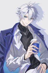  1boy antenna_hair black_sweater blue_coat blue_eyes coat collared_shirt commentary_request cup disposable_coffee_cup disposable_cup hand_on_own_hip harenzero highres holding holding_cup honkai:_star_rail honkai_(series) korean_commentary looking_at_viewer male_focus official_alternate_costume open_clothes open_coat open_shirt pants parted_bangs phainon_(honkai:_star_rail) phainon_(luckin_coffee)_(honkai:_star_rail) shirt short_hair solo sweater turtleneck turtleneck_sweater twitter_username white_hair white_pants white_shirt 