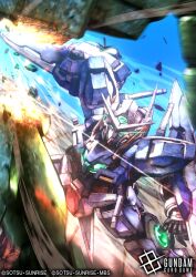  commentary_request company_name copyright_logo copyright_notice eye_trail fighting gn_flag green_eyes gundam gundam_00 gundam_card_game gundam_exia holding holding_sword holding_weapon light_trail logo mecha mecha_focus mobile_suit no_humans official_art robot science_fiction solo_focus sparks sunrise_(company) sword v-fin wasabi_(payan) weapon 