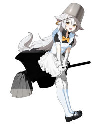  1girl acaxia animal_ears apron between_legs black_dress black_shoes bow bowtie broom broom_riding bucket bucket_on_head character_request check_character check_copyright copyright_request dress frilled_apron frills full_body hasiyo_(vtuber) holding holding_broom looking_at_viewer michelan object_on_head open_mouth partially_colored shoes short_sleeves simple_background solo tail thigh-highs virtual_youtuber white_apron white_background white_thighhighs wrist_cuffs yellow_bow yellow_bowtie yellow_eyes 