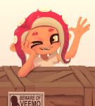 1girl big_eyes crate hand_on_own_face highfive octoling octopus one_eye_closed open_mouth pink_hair sign solo splatoon splatoon_(series) suction_cups t-shirt tentacle_hair wafferscotch waving white_shirt yellow_eyes