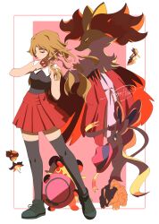  1girl 1other absurdres blue_eyes brown_hair cccacademia closed_mouth cutting_hair delphox diancie furry highres holding holding_jacket holding_unworn_clothes jacket meloetta meloetta_(pirouette) mixed-language_commentary mouth_hold orange_eyes pancham pokemon pokemon_(anime) pokemon_(creature) pokemon_the_series:_xy rhyhorn scissors serena_(pokemon) shoes skirt sleeveless standing sylveon tears thigh-highs unworn_jacket 