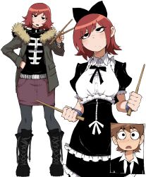  1boy 1girl absurdres annoyed black_eyes black_eyeshadow black_jacket black_shoes blush boots bow breasts brown_hair commentary drumsticks eyeshadow freckles green_jacket hair_bow heart heart-shaped_pupils highres jacket kekel kim_pine maid makeup medium_breasts medium_hair multiple_views narrow_waist pantyhose red_hair scott_pilgrim scott_pilgrim_(series) shoes short_hair skirt suit symbol-shaped_pupils thigh_boots watch watch white_background 