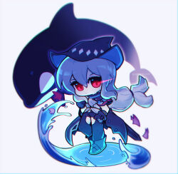  1girl absurdres arknights black_gloves black_hat black_pants boots chibi chibi_only closed_mouth commentary english_commentary eye_trail fish full_body gloves grey_hair hair_between_eyes hand_in_pocket hat highres light_trail long_hair looking_at_viewer low-tied_long_hair orca pants red_eyes ripples sharktuna sidelocks skadi_(arknights) solo water white_background 