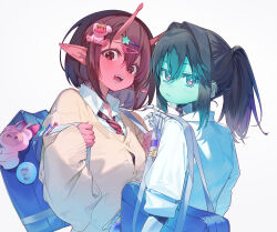  2girls :d amana_(pocketkey) antennae aqua_skin bag black_hair blue_bag brown_cardigan brown_eyes brown_hair cardigan colored_skin commentary_request grey_background hair_between_eyes highres kujo_chiharu kurusu_makina_(milky_galactic_universe) looking_at_viewer milky_subway multiple_girls open_mouth pink_eyes ponytail red_skin school_bag shirt short_hair sidelocks simple_background smile stuffed_animal stuffed_toy teeth white_shirt 