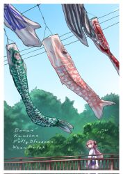 1girl 4me_4ma black_ribbon blue_sky commentary copyright_name english_text hair_ribbon highres kamiina_botan kamiina_botan_yoeru_sugata_wa_yuri_no_hana koinobori long_hair outdoors pink_hair ribbon sky smile solo sweater tree two_side_up white_sweater windsock 
