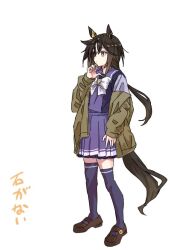  1girl animal_ears black_hair bow bowtie brown_eyes brown_jacket brown_shoes commentary_request double-parted_bangs dress ear_covers from_side full_body hair_between_eyes horse_ears horse_girl horse_tail jacket loafers long_hair long_sleeves looking_ahead multicolored_hair open_clothes open_jacket purple_dress purple_sailor_collar purple_thighhighs sailor_collar school_uniform shoes sidelocks simple_background single_off_shoulder solo standing starheart stay_gold_(umamusume) streaked_hair tail thigh-highs tracen_school_uniform umamusume white_background white_bow white_bowtie white_hair yukihos 