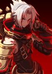  .hack// .hack//g.u. 1boy albino black_gloves buckle closed_mouth cowboy_shot elbow_gloves gloves gradient_background haseo_(.hack//) holding holding_weapon looking_at_viewer male_focus parted_bangs red_background red_eyes rune_(ru-nn) solo spiky_hair standing tattoo weapon white_hair 