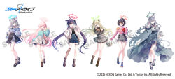  6+girls animal_ears ayane_(blue_archive) bag bare_shoulders belt black_hair black_shoes blue_archive boots brown_boots brown_shoes brown_thighhighs casual cat_ears cat_girl closed_mouth dress floating_hair foreclosure_task_force_(blue_archive) full_body glasses grey_hair grey_socks halo hand_on_own_hip holding holding_bag hoshino_(blue_archive) jacket long_hair long_sleeves looking_at_viewer medium_hair multiple_girls nonomi_(blue_archive) official_art open_clothes open_jacket open_mouth over-kneehighs pink_hair pointy_ears purple_socks riichu sample_watermark second-party_source serika_(blue_archive) shiroko_(blue_archive) shiroko_terror_(blue_archive) shirt shoes short_hair shorts simple_background single_over-kneehigh single_thighhigh skirt smile socks standing thigh-highs thigh_belt thigh_strap twintails very_long_hair watermark white_background white_socks wolf_ears wolf_girl yellow_socks 