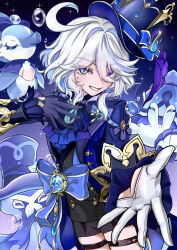  1girl absurdres ascot black_shorts blue_ascot blue_gem blue_gloves blue_hat blue_jacket commentary_request drop-shaped_pupils eyelash_ornament furina_(genshin_impact) gem genshin_impact gentilhomme_usher gloves hand_on_own_chest hat heterochromia highres jacket looking_at_viewer mademoiselle_crabaletta medium_hair mismatched_pupils mochitsu_motaretsu multicolored_hair ouji_fashion reaching reaching_towards_viewer shorts smile solo streaked_hair surintendante_chevalmarin symbol-shaped_pupils top_hat vision_(genshin_impact) white_gloves white_hair white_mouth 