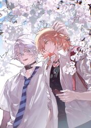  2boys alternate_costume antenna_hair black_choker black_shirt blonde_hair blue_eyes blue_necktie blue_sky braid cherry_blossoms chest_tattoo choker chrysos_heirs_school_uniform collared_shirt commentary flower glasses glazed108642 gradient_hair highres holding holding_flower holding_phone honkai:_star_rail honkai_(series) jewelry male_focus medium_hair multicolored_hair multiple_boys mydei_(honkai:_star_rail) necklace necktie open_clothes open_mouth open_shirt parted_bangs phainon_(honkai:_star_rail) phone red_hair red_tattoo school_uniform shirt shoes short_hair side_braid sky striped_clothes striped_necktie tattoo untranslatable_commentary white_hair white_shirt yellow_eyes 