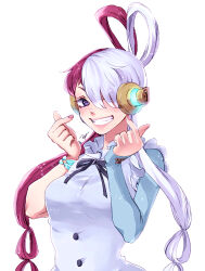  1girl blue_gloves buttons dress elbow_gloves finger_heart gloves hair_over_one_eye headphones heart heart_hands matsuda_(louol) multicolored_hair one_eye_closed one_piece one_piece_film:_red red_hair signature simple_background single_elbow_glove smile solo split-color_hair twintails upper_body uta_(one_piece) violet_eyes white_background white_dress white_hair 