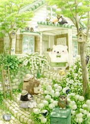  bag bear bird bird_request blush bug building butterfly cockatoo commentary_request door hat highres ladder no_humans original outdoors owl painting_(medium) penguin pigeon polar_bear st.kuma sulphur-crested_cockatoo toucan traditional_media tree watercolor_(medium) waving window 