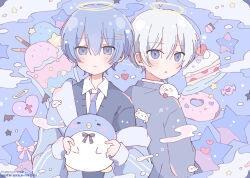  2boys animal bird black_sweater blue_background blue_eyes blue_hair blue_jacket blue_necktie blush cake cake_slice check_copyright closed_mouth collared_shirt commentary_request copyright_request double-parted_bangs fang fang_out food grey_jacket hair_between_eyes halo highres hinase01 holding holding_animal jacket long_sleeves male_focus multiple_boys necktie off_shoulder open_clothes open_jacket open_mouth original penguin shirt short_hair skin_fang sleeves_past_wrists sweater traditional_halo upper_body white_hair white_shirt 