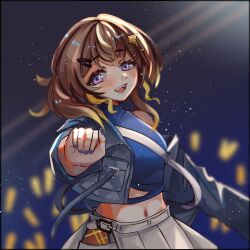  1girl anya_melfissa blonde_streaks blue_jacket blue_nails blue_shirt blurry blurry_background brown_hair commentary cropped_shirt english_commentary glowstick gradient_hair hair_ornament hairclip highres hiromiyomu hololive hololive_indonesia jacket kris_hair_ornament long_sleeves looking_at_viewer medium_hair midriff multicolored_hair nail_polish navel official_alternate_costume official_alternate_hairstyle open_mouth penlight_(glowstick) shirt side_ponytail skirt smile solo stage_lights streaked_hair teeth two-tone_hair upper_teeth_only violet_eyes virtual_youtuber wavy_sidelocks white_skirt 