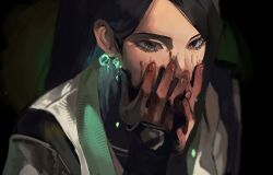  1girl arr_(h_kt_hkt) blonde_hair blood blood_on_face bodysuit green_bodysuit green_eyes grey_robe highres mask multicolored_bodysuit respirator robe solo two-tone_bodysuit valorant viper_(valorant) 