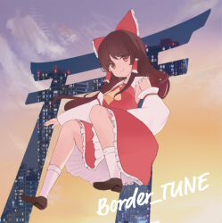  1girl album_cover album_name ascot bow brown_eyes brown_hair brown_shoes commentary_request cover detached_sleeves frilled_bow frilled_hair_tubes frills hair_bow hair_tubes hakurei_reimu long_hair looking_at_viewer red_bow red_skirt shoes skirt skirt_set socks solo tentyuu_th torii touhou white_socks yellow_ascot 