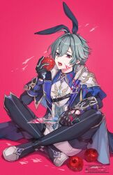  1boy absurdres ahoge animal_ears apple armor artist_name black_boots black_choker black_coat black_gloves black_hairband blood blood_on_clothes blood_on_face blood_on_weapon blue_cape blue_coat blue_gloves blue_shirt blue_vest boots buttons cape choker coat collared_shirt commentary_request crossed_ankles crossed_bangs dagger earrings english_commentary fake_animal_ears food fruit genshin_impact gloves gold_trim grey_hair hair_between_eyes hair_intakes hairband hand_up highres holding holding_dagger holding_food holding_fruit holding_knife holding_weapon jewelry knife lapels lohen_(genshin_impact) long_sleeves looking_at_viewer male_focus mixed-language_commentary multicolored_eyes multicolored_gloves nyamaso open_clothes open_coat open_mouth pants pauldrons rabbit_ears red_background shirt short_hair shoulder_armor simple_background single_earring single_pauldron sitting sleeve_cuffs solo tassel teeth thigh_boots two-tone_gloves vest violet_eyes watermark weapon white_pants white_shirt wing_collar 
